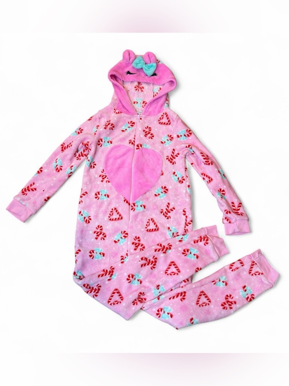 btween Pink Candy Cane Heart Hooded Fleece Girl’s Onesie Size 12